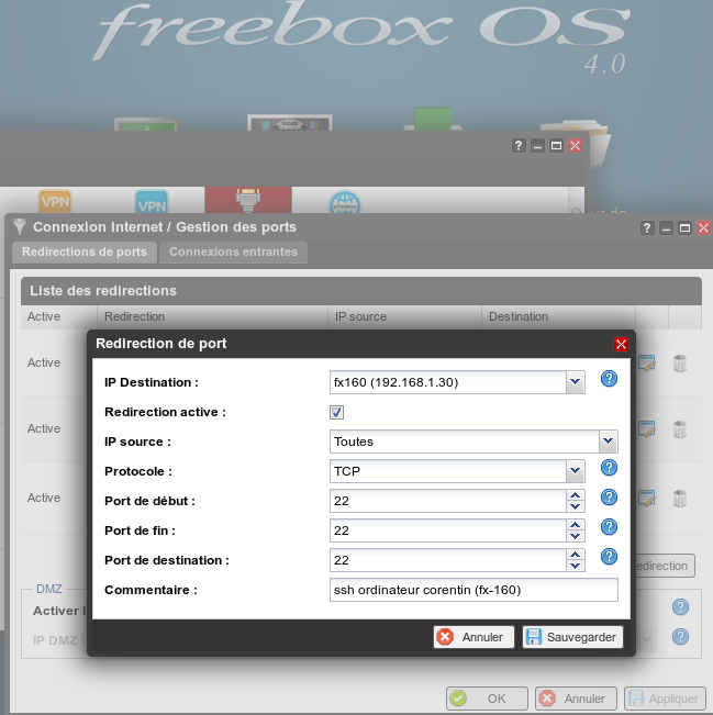 Ouverture des ports via l'interface de la freebox.